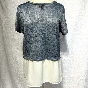 Juicy Couture knit grey short sleeve sweater with lower cream tier, size medium.